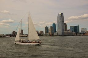 sailing ship on the background of skyscrapers in new york