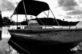 black white photo of a boat on the water in the park