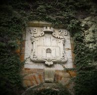 stone coat of arms on the wall with foliage