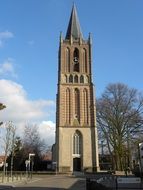 High church tower among the plants