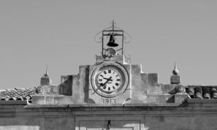 Black and white photo of the Clock Town if the Hall