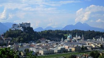 beautiful view of Old City with Castle at blue mountains, austria, Salzburg