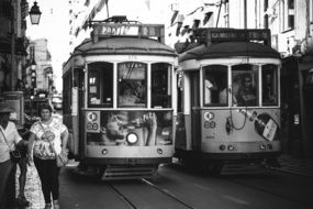 black and white photo of trains in lisbon