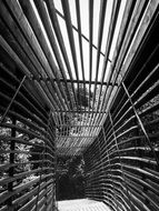 wooden Bridge, interior perspective, black and white