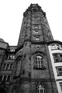 Black and white photo of the tower in Dresden