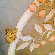 Wallpaper drawing of butterfly and leaves and berries