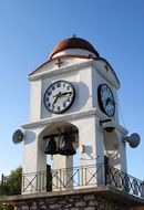 Agios Nikolaos church bell tower with clock, greece, skiathos