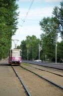 red Tram on Railway in City, russia, novosibirsk