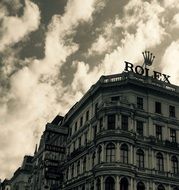 black and white photo of a multi-story bolex building in Austria