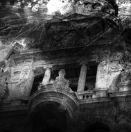 surreal building in black and white image