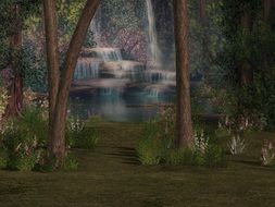 trees near the lake in digital art as background