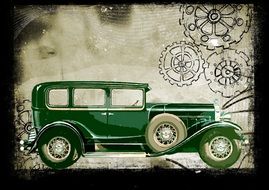 drawing of a green vintage car