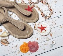 composition with sandals and seashells