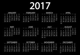 calendar for 2017 on black background