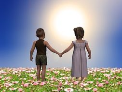 children holding hands look at the sun