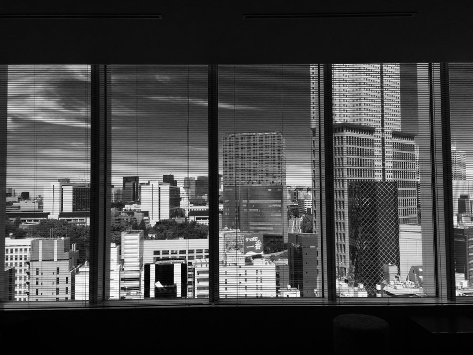 black-white view from a window on a district in akasaka in tokyo
