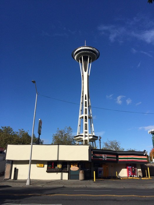 Space Needle in Seattle against a blue sky