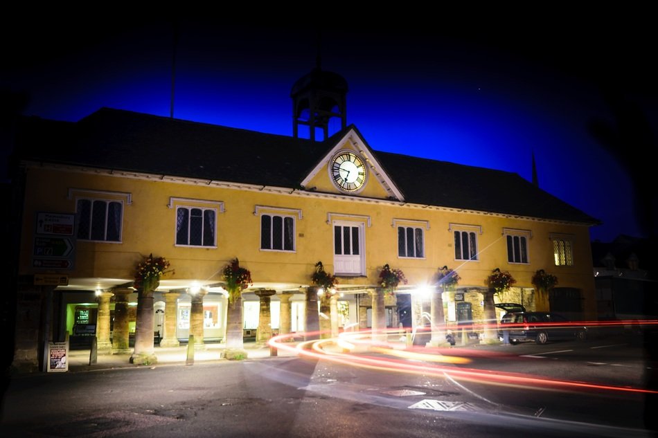 Town hall at night in Tetbury