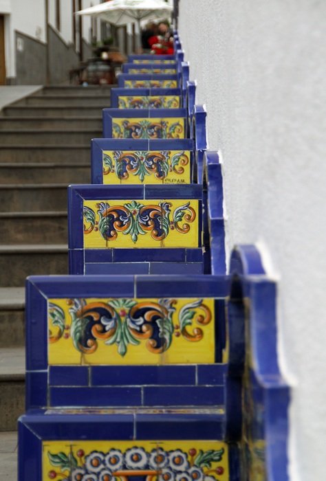 benches with mosaic on steps in city, Spain, gran canaria, firgas