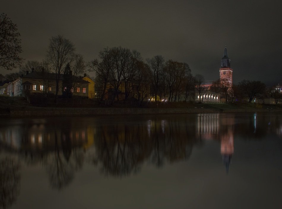 night landscape of Turku on Aura River