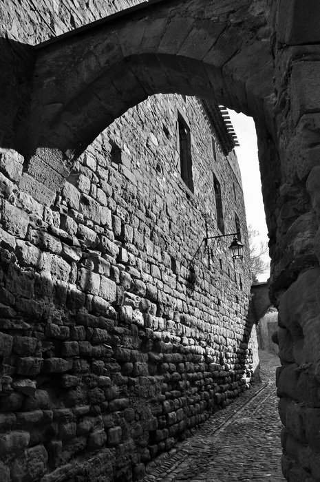black and white picture of a street in Provence