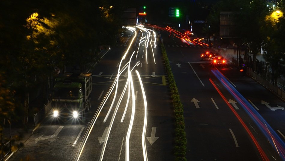 traces of cars on the road in shanghai