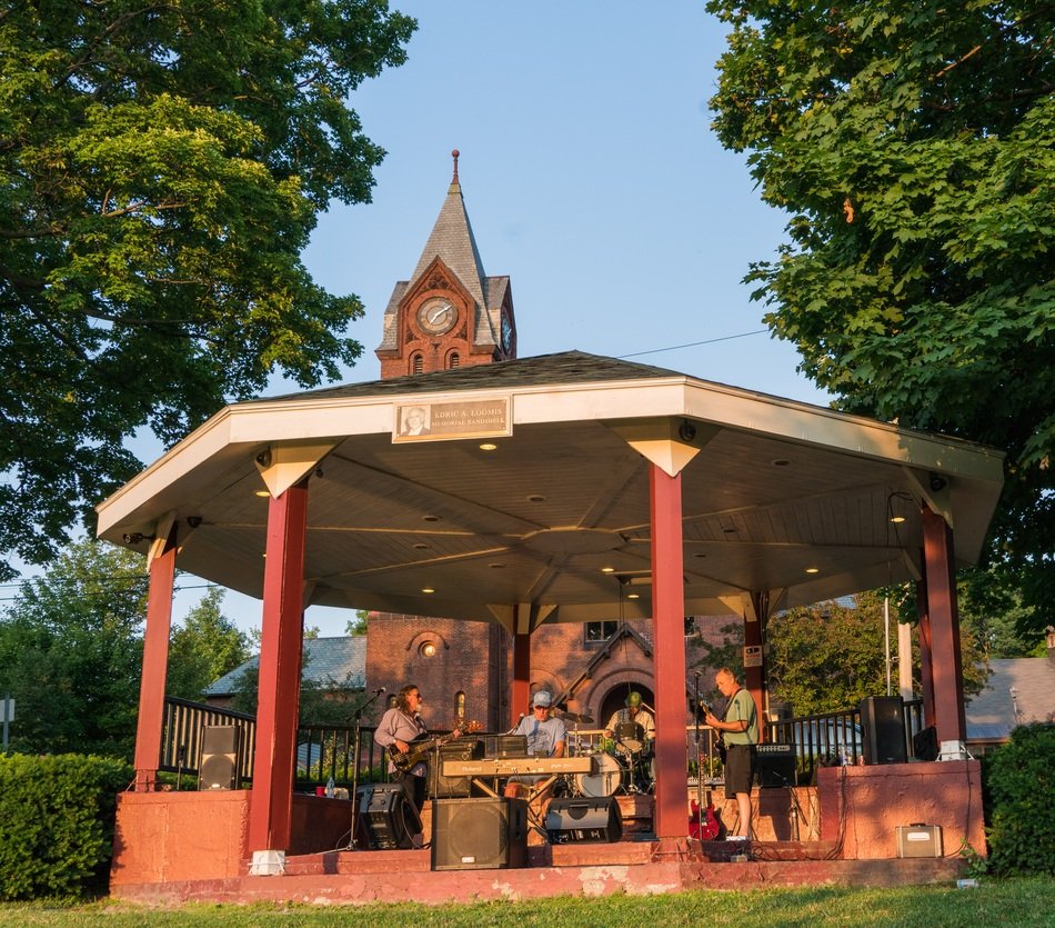 music Band plays in Gazebo at summer, usa, Vermont, St Albans