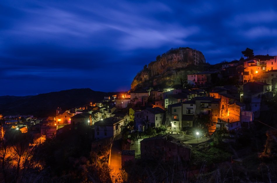 Night City on mountain side, italy, Calabria, Pietrapaola