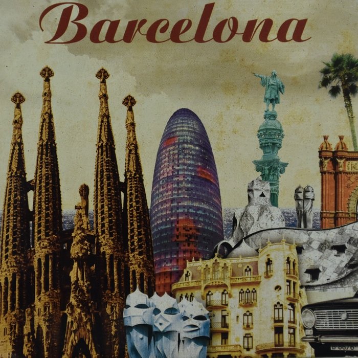 sights of Barcelona on a postcard