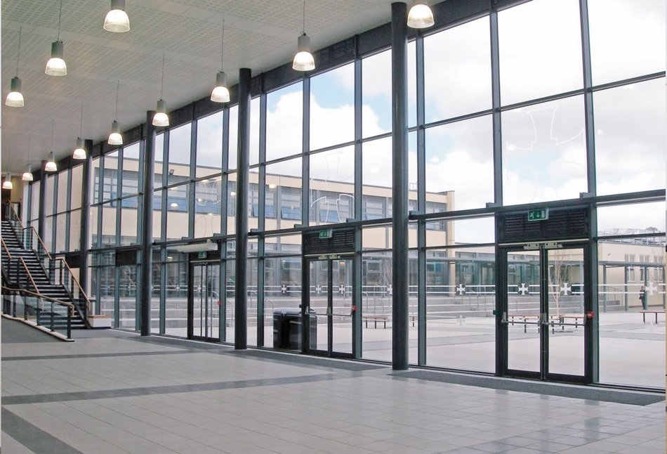 glass walls in an airport building