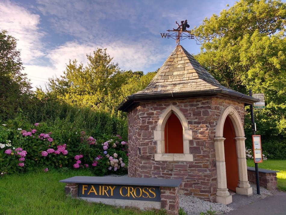 Fairy Cross, beautiful decorated Bus Stop in countryside, uk, england, Devon
