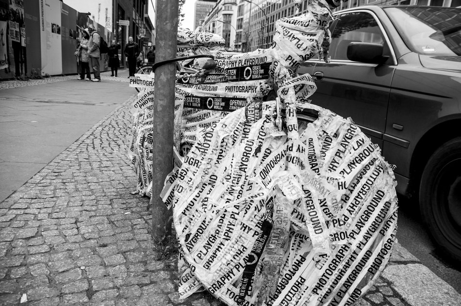 bicycle wheels wrapped in tape
