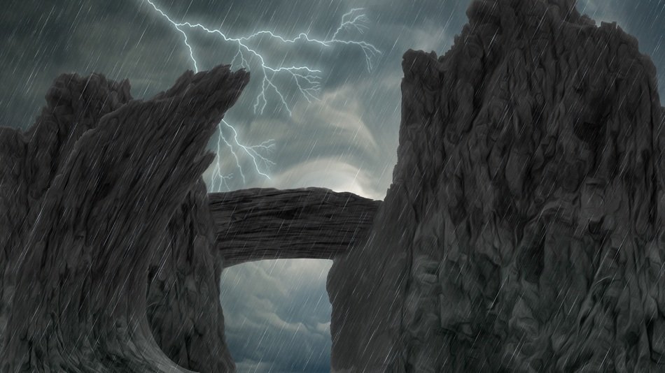 fantastic drawing of lightning behind the rocks
