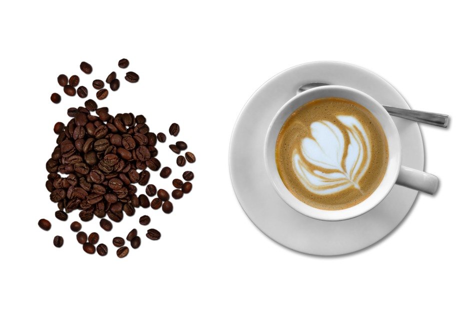 cup of coffee and coffee beans on the white background