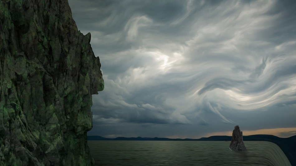 beach under a dark sky in fiction