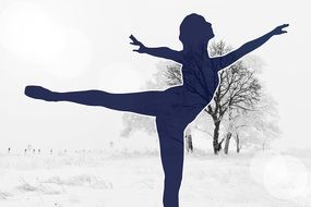 silhouette of a ballerina on the background of the winter landscape