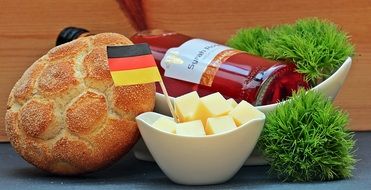 still life with fresh bread, cheese and french wine