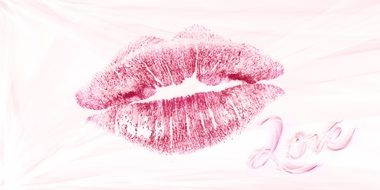 love, trace of lipstick and lips print at pink background