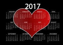 calendar on black background with red heart