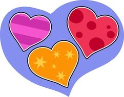 three multi-colored hearts in blue heart