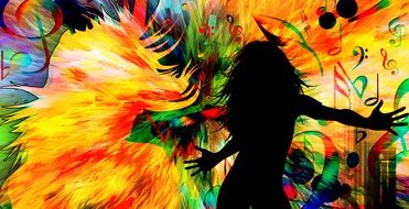 silhouette of a girl on a multi-colored explosion