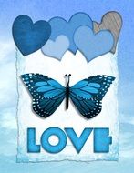 Blue card with the image of butterfly and hearts