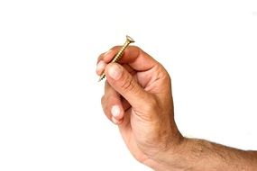 screw in male hand on white background