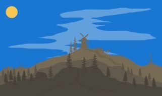 graphic landscape with windmill on the mountain