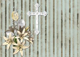 painted cross and a bouquet of lilies