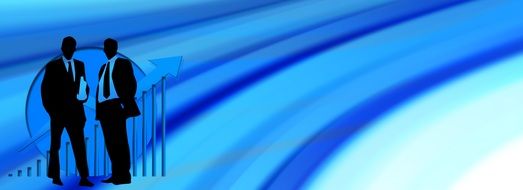 banner with blue stripes and a silhouette of businessmen