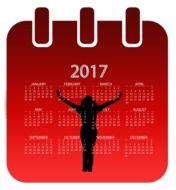 calendar on a red background with a silhouette of a man