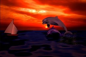 Dolphin Sailing Vessel Sunset