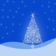 drawing of a Christmas tree in the snow under a blue sky