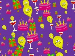 balloons, cakes and gifts on purple background